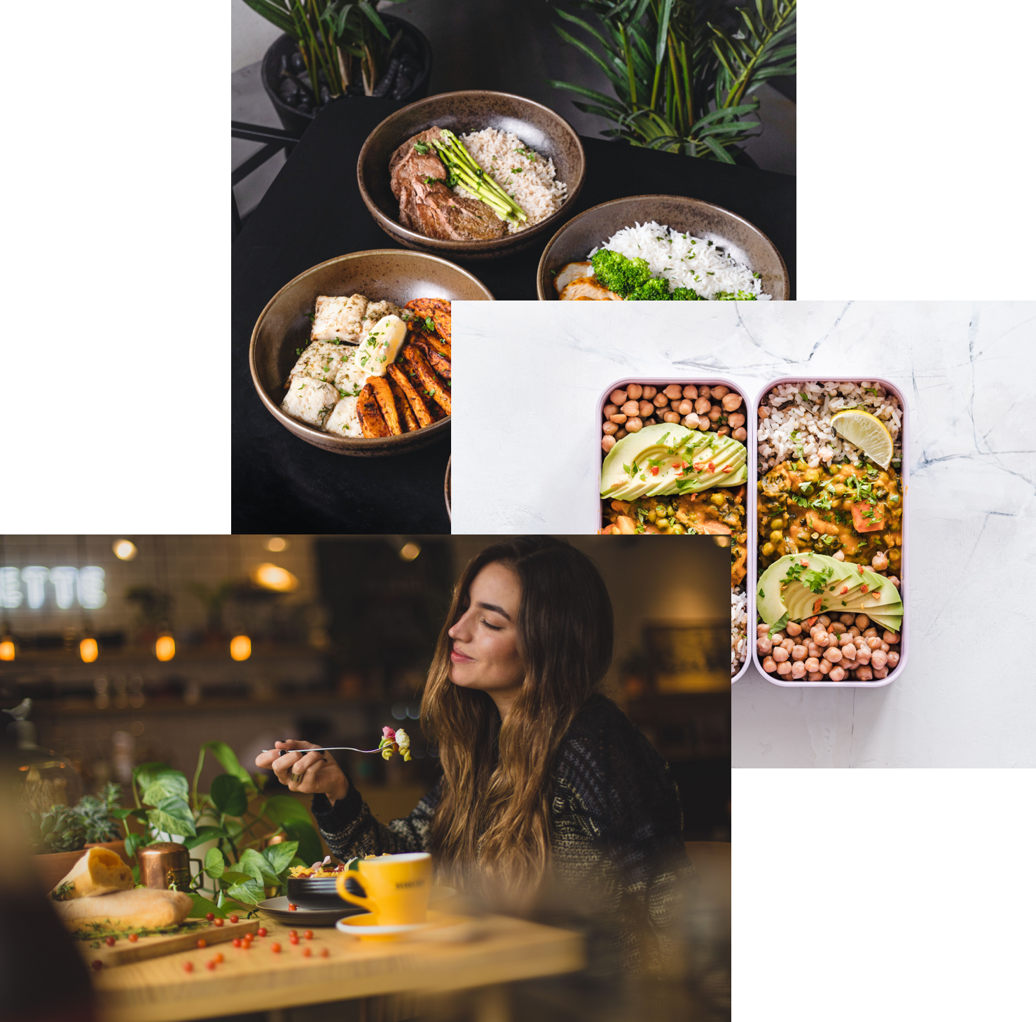 mixe of diferent images of foods and a woman is enjoyng food.